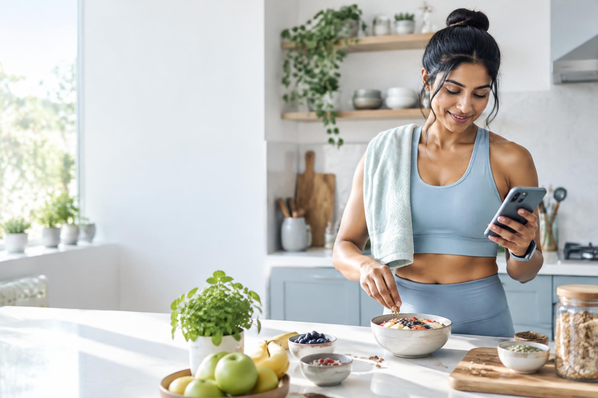 A woman preparing a healthy breakfast while checking her FitCoach plan